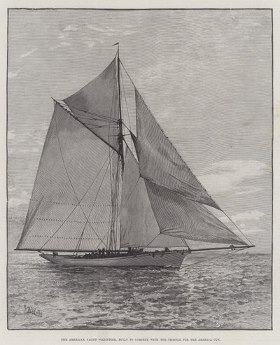 American Yacht Volunteer, byggd för att tävla med Thistle om America Cup (gravyr) av English School
