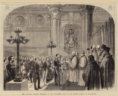 Den anglikanska bröllopsceremonin i Alexander Hall i Vinterpalatset, St Petersburg (gravyr) av English School