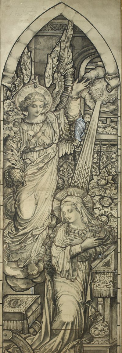 The Annunciation, workshop of Heaton, Butler & Bayne, c.1900 (svart krita & wc förhöjd med vitt) av English School