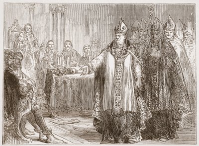 Ärkebiskoparna av York och Canterbury inför parlamentet i Westminster Abbey, illustration från The History of Protestantism av James Aitken Wylie (1808-1890), pub. 1878 av English School