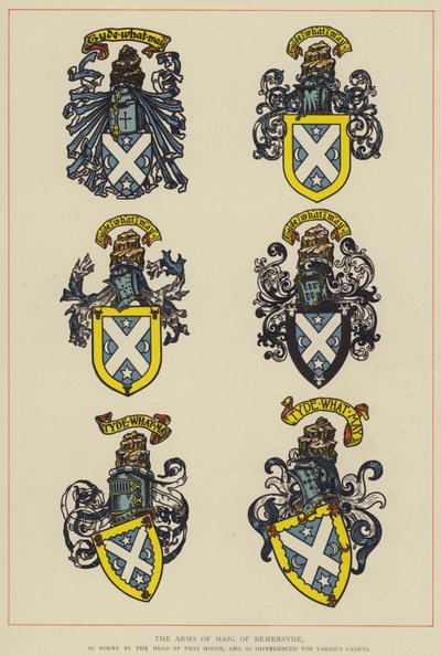 The Arms of Haig of Bemersyde, som bärs av chefen för det huset, och som skilda för olika kadetter (färg litho) av English School