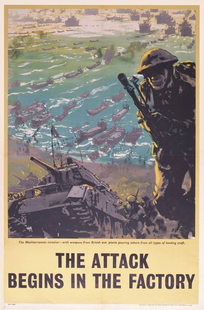 Attacken börjar i fabriken, WWII-affisch, 1943 av English School