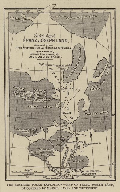 Den österrikiska polarexpeditionen, karta över Franz Josephs land, upptäckt av Messers Payer och Weyprecht (gravyr) av English School