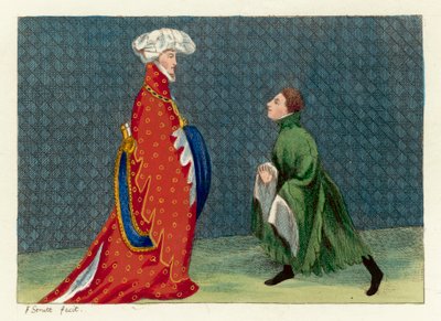 Författaren hyllar en Gascoigne-riddare (färgad gravyr) av English School