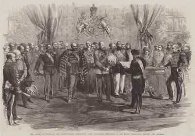 Prisutdelningen vid den internationella utställningen, Earl Granville, ordförande för Royal Commission, läser anförandet (gravyr) av English School