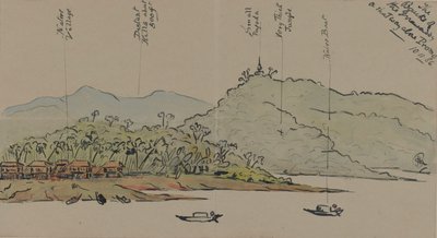 The Banks of the Irrawaddy, Burma, 1886 (wc med penna och bläck på papper) av English School