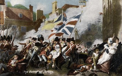 Slaget vid Jersey (färg litho) av English School