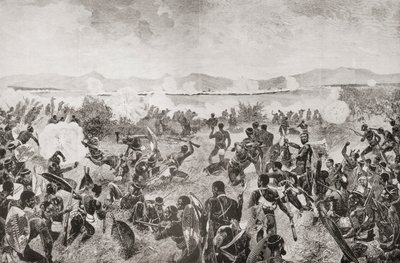 Slaget vid Ulundi 1879 som visar den sista rusningen av zuluerna och det brittiska torget i fjärran, från 