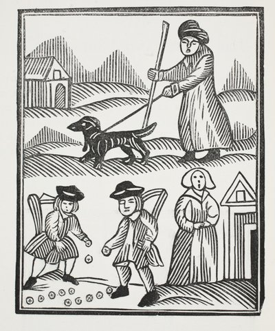 Tiggaren som reser med sin hund, tar hem goda förråd av rikedom till proggen, med vilken han överträffar riddaren, och vigs sitt barn till hennes förtjusning, illustration från Chap-books of the Arteenth Cen av English School