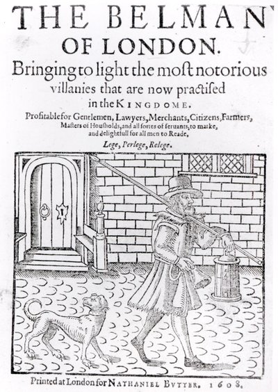 The Bellman of London, av Thomas Dekker (c.1570-c.1641) titelsida, tryckt av Nathaniel Butter, 1608 av English School