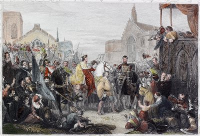 The Black Prince Entering London (färgad gravyr) av English School