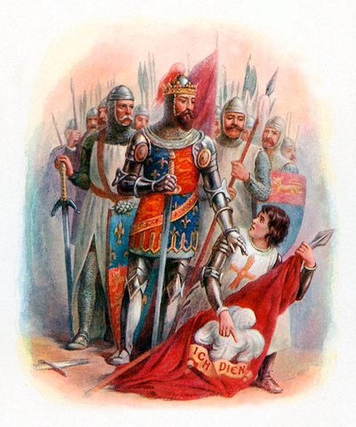Svarte prinsen hittar kungen av Böhmens fana på slagfältet vid Crecy. av English School