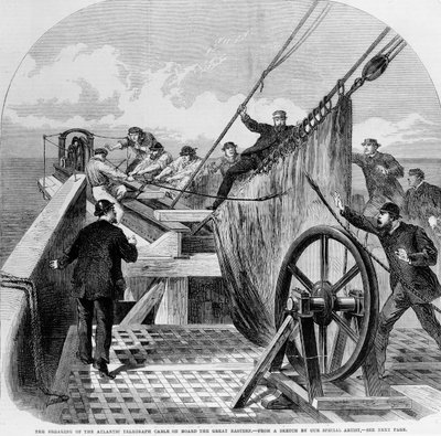 Avbrottet av den atlantiska telegrafkabeln ombord på Great Eastern, 1865 (gravyr) av English School