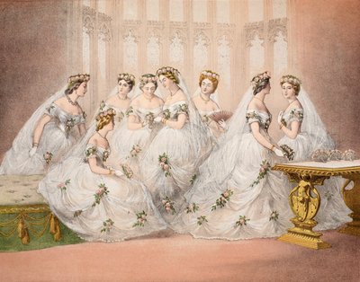 Brudtärnorna, 10 mars 1863, från A Memorial of the Marriage of Edward VII and Alexandra of Denmark, pub. 1864 av English School