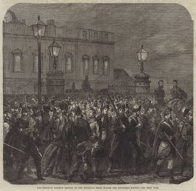 Brighton Railway Station på lördagskvällen före volontärgranskningen (gravyr) av English School