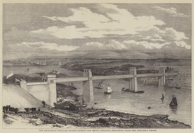 Britannia Tubular Bridge över Menaisundet (gravyr) av English School