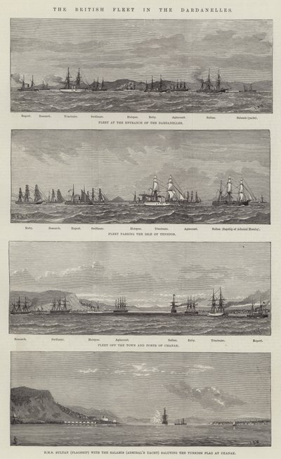 Den brittiska flottan i Dardanellerna (gravyr) av English School