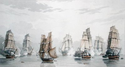 Den brittiska skvadronen under befäl av kapten Charles Marsh Schomberg och den franska skvadronen under befäl av Commodore Roquebert, lugnade strax efter inledningen av aktionen utanför Madagaskar, 20 maj 1811 (färg litho) av English School