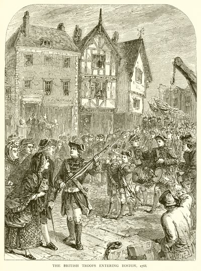 De brittiska trupperna går in i Boston, 1768 av English School