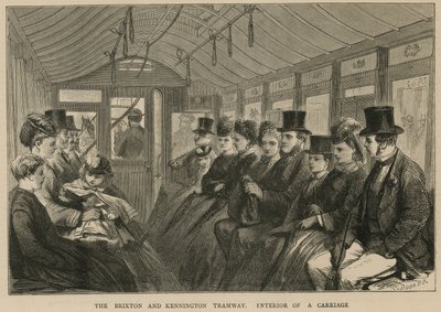 The Brixton and Kennington Tramway - insidan av en vagn av English School