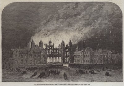 The Burning of Capesthorne Hall, Cheshire, South Front (gravyr) av English School