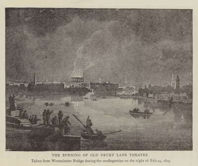 The Burning of Old Drury Lane Theatre (gravyr) av English School