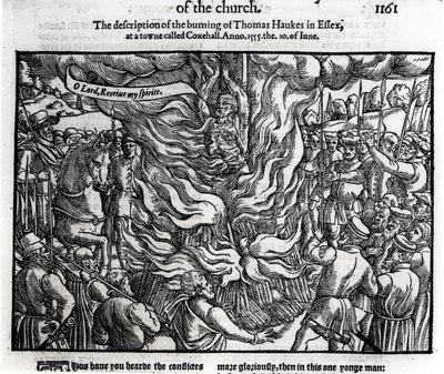 The Burning of Thomas Haukes, 10 juni 1555, från "Acts and Monuments" av John Foxe (1516-87) 1563 av English School