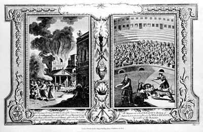 Brännandet av staden Rom och att biskopen av Antiokia dödades av lejon, från "The New and Complete Book of Martyrs", av Paul Wright av English School