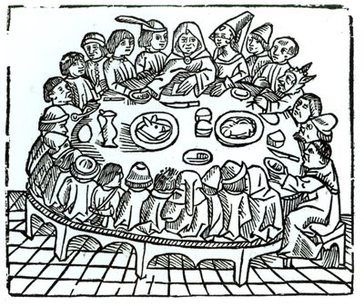 Pilgrimerna från Canterbury sitter ner för en gemensam måltid, illustration från Geoffrey Chaucers (ca 1345-1400) 