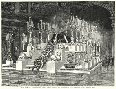 Katafalken uppförd för begravningsgudstjänsten för Hans Majestät Kung Victor Emmanuel, i Pantheon, Rom (gravyr) av English School