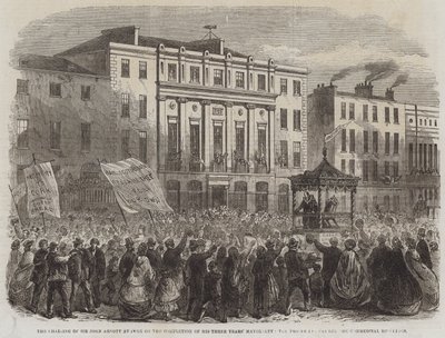 Ordföranden för Sir John Arnott i Cork efter avslutad hans treåriga borgmästardöme, processionen som passerar de kommersiella byggnaderna (gravyr) av English School