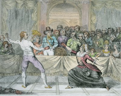 Chevalier dEon, klädd som en kvinna, i en fäktningsmatch (senare färg) av English School