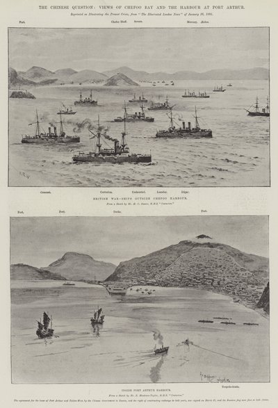 Den kinesiska frågan, utsikt över Chefoo Bay och hamnen i Port Arthur (litho) av English School