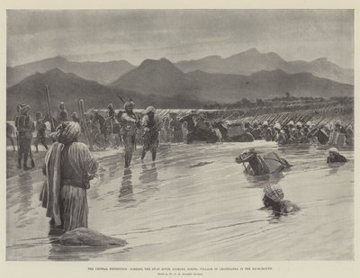 Chitral-expeditionen, forsande Swat-floden, tittar norrut; Byn Chatedarra i bakgrunden (litho) av English School