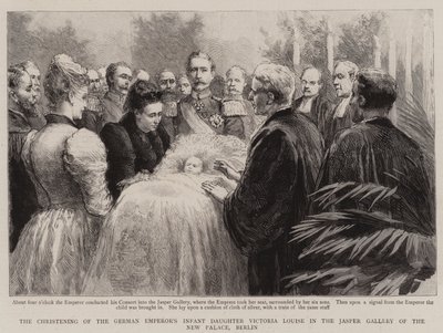 Dop av den tyske kejsarens spädbarnsdotter Victoria Louise i Jasper Gallery i New Palace, Berlin (gravyr) av English School
