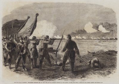 Inbördeskriget i Amerika, förlovning mellan 71:a New York och ett Alabama-regemente vid slaget vid Bull Run (gravyr) av English School
