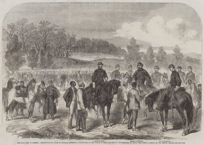 Inbördeskriget i Amerika, spaning gjord av general Stoneman, åtföljd av Comte de Paris och Duc de Chartres, till Cedar Run (gravyr) av English School