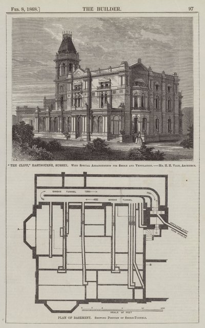 "The Cliff," Eastbourne, Sussex, med specialarrangemang för rök och ventilation, Mr H H Vale, arkitekt (gravyr) av English School