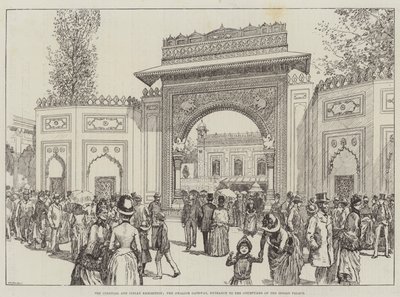 Den koloniala och indiska utställningen, Gwalior-porten, ingången till innergården till det indiska palatset (gravyr) av English School