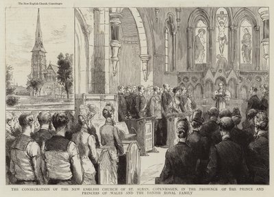 Invigningen av den nya engelska kyrkan St Alban, Köpenhamn, i närvaro av prinsen och prinsessan av Wales och den danska kungafamiljen (gravyr) av English School