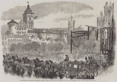 Kröningen av kungen och drottningen av Preussen, inträde i Königsberg, drottningens vagn i processionen (gravyr) av English School