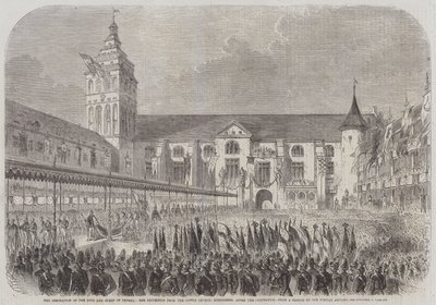 Kröningen av kungen och drottningen av Preussen, processionen från slottskyrkan, Königsberg, efter kröningen (gravyr) av English School
