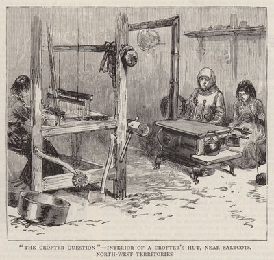 "The Crofter Question", interiör av en torparhydda, nära Saltcots, North-West Territories (gravyr) av English School