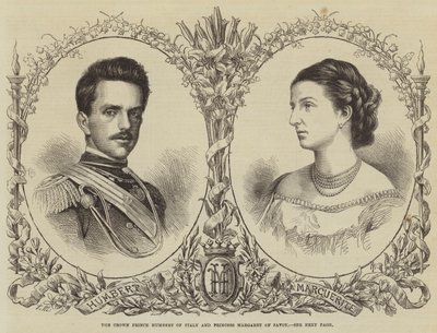 Kronprinsen Humbert av Italien och prinsessan Margareta av Savojen (gravyr) av English School