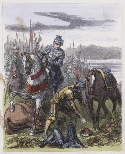 Kronan av Richard III, hittad på Bosworth Field (färgad gravyr) av English School