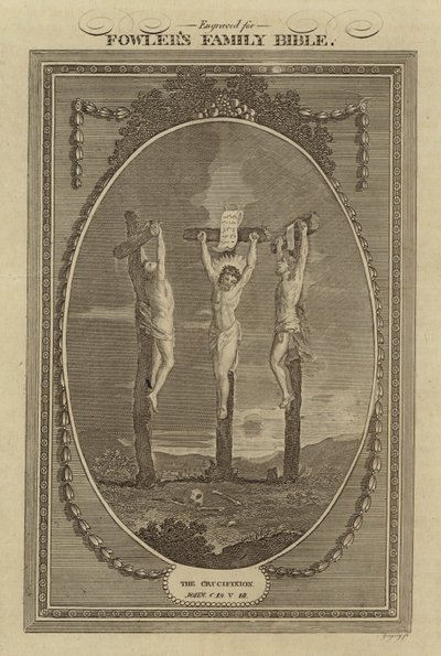 Korsfästelsen, Johannes, kapitel 19, vers 18 (gravyr) av English School