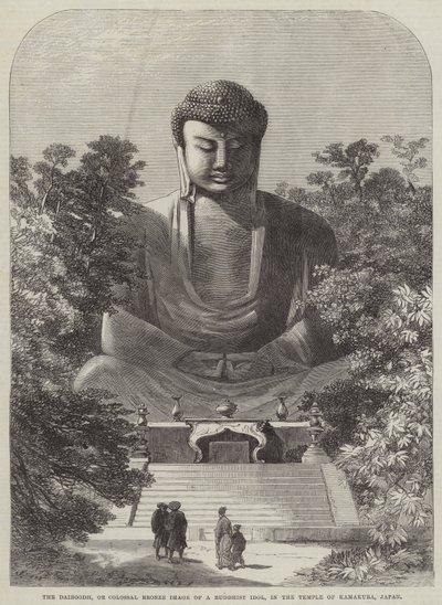 Daibodh, eller kolossal bronsbild av en buddhistisk idol, i templet i Kamakura, Japan (gravyr) av English School