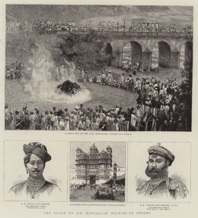 HH Maharajah Holkars död av Indore (gravyr) av English School