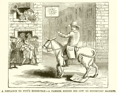 Utmaningen mot Pitts Horse-Tax - En bonde som rider sin ko till Stockport Market av English School