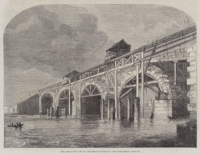 Rivningen av Old Westminster-Bridge (gravyr) av English School